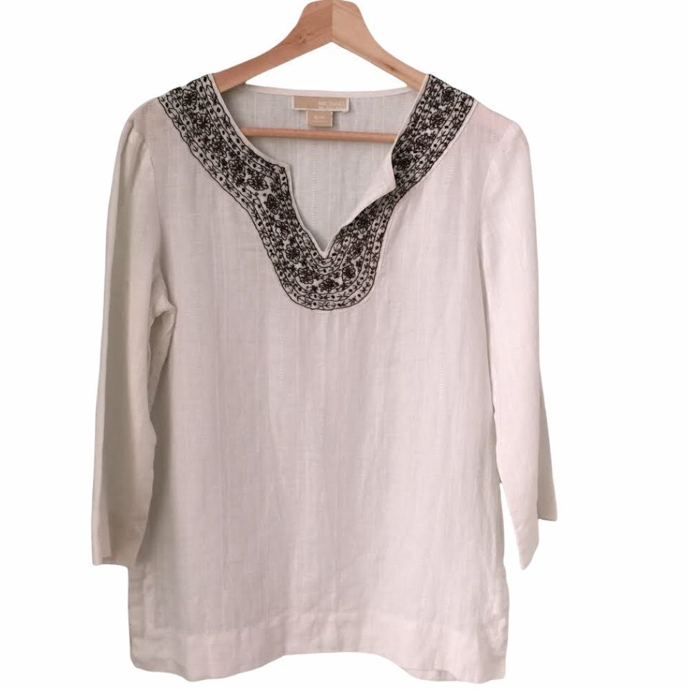 Michael Kors White Beaded Plunge Neck Blouse in Size Small